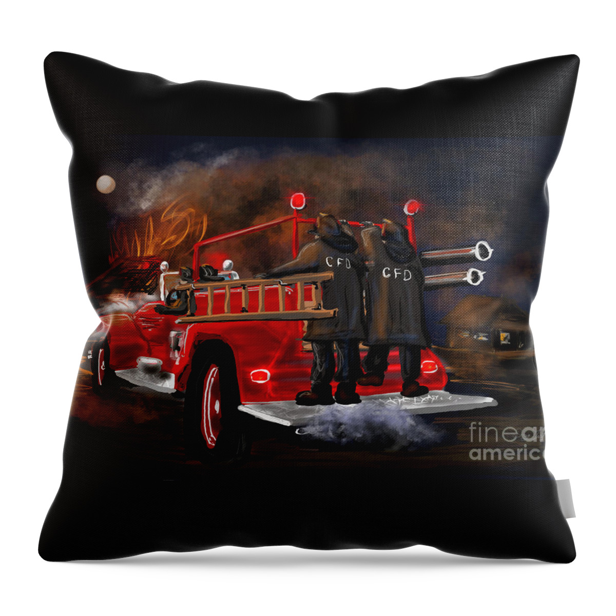 Fire Truck Throw Pillow featuring the digital art Evening Working Fire by Doug Gist