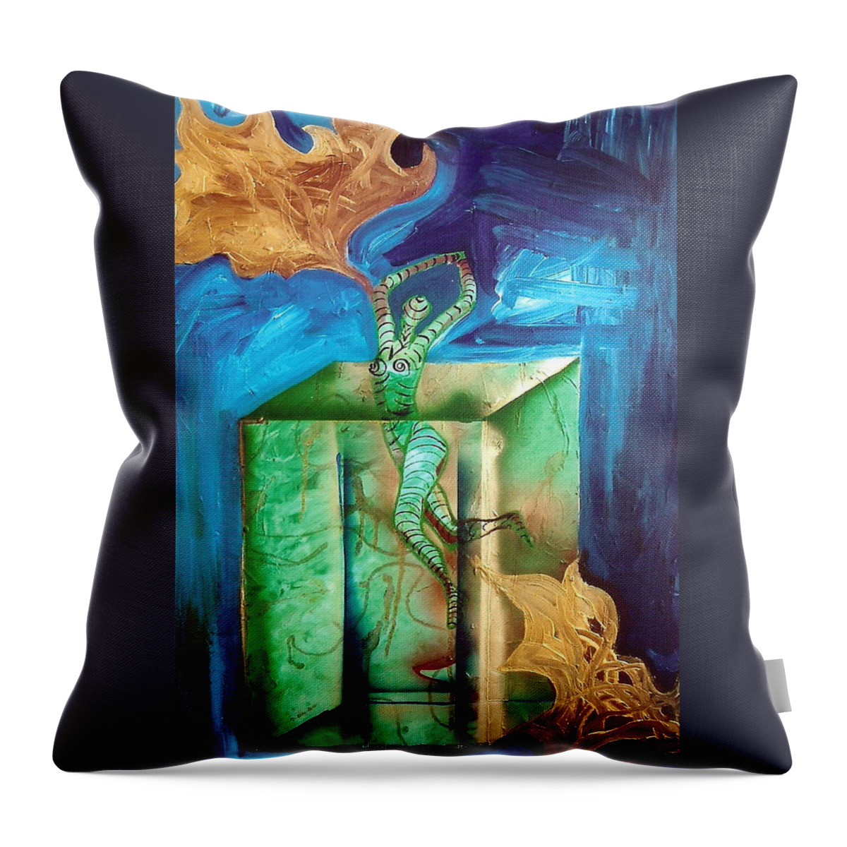  Throw Pillow featuring the painting Exiting the Box by Lorena Fernandez