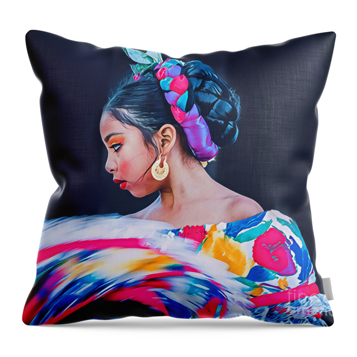 Dancer Throw Pillow featuring the photograph Exquisite Hispanic Dancer With Swirling Skirt by Susan Vineyard