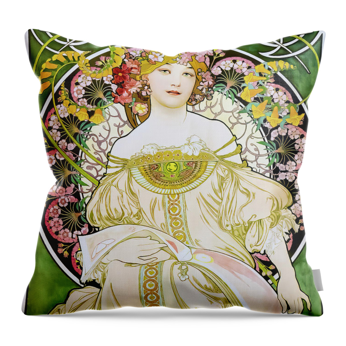 Alphonse Throw Pillow featuring the drawing F Champenois Paris Poster 1898 by Alphonse Mucha by M G Whittingham