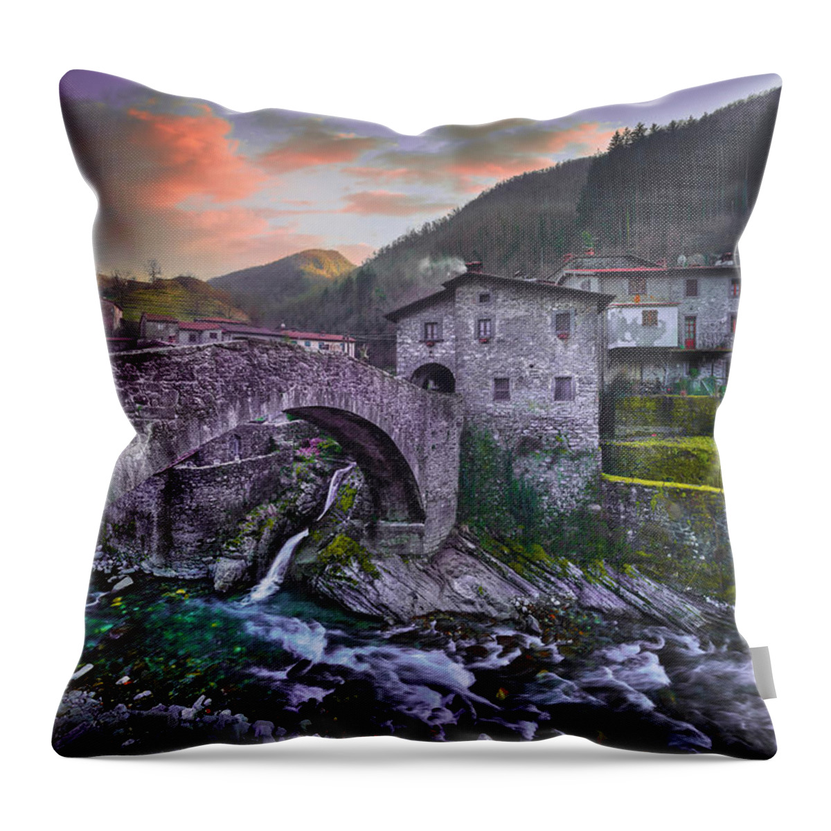 Bridge Throw Pillow featuring the photograph Fabbriche di Vallico, the Bridge and the Creek by Stefano Orazzini