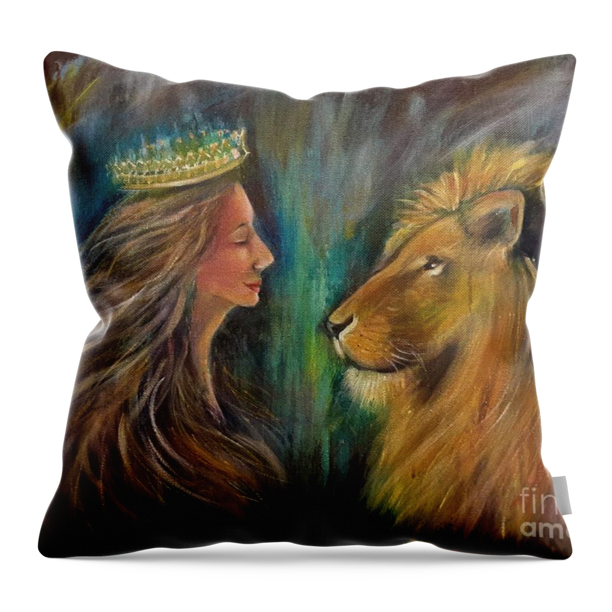 Lion Throw Pillow featuring the mixed media Face To Face by Deborah Nell