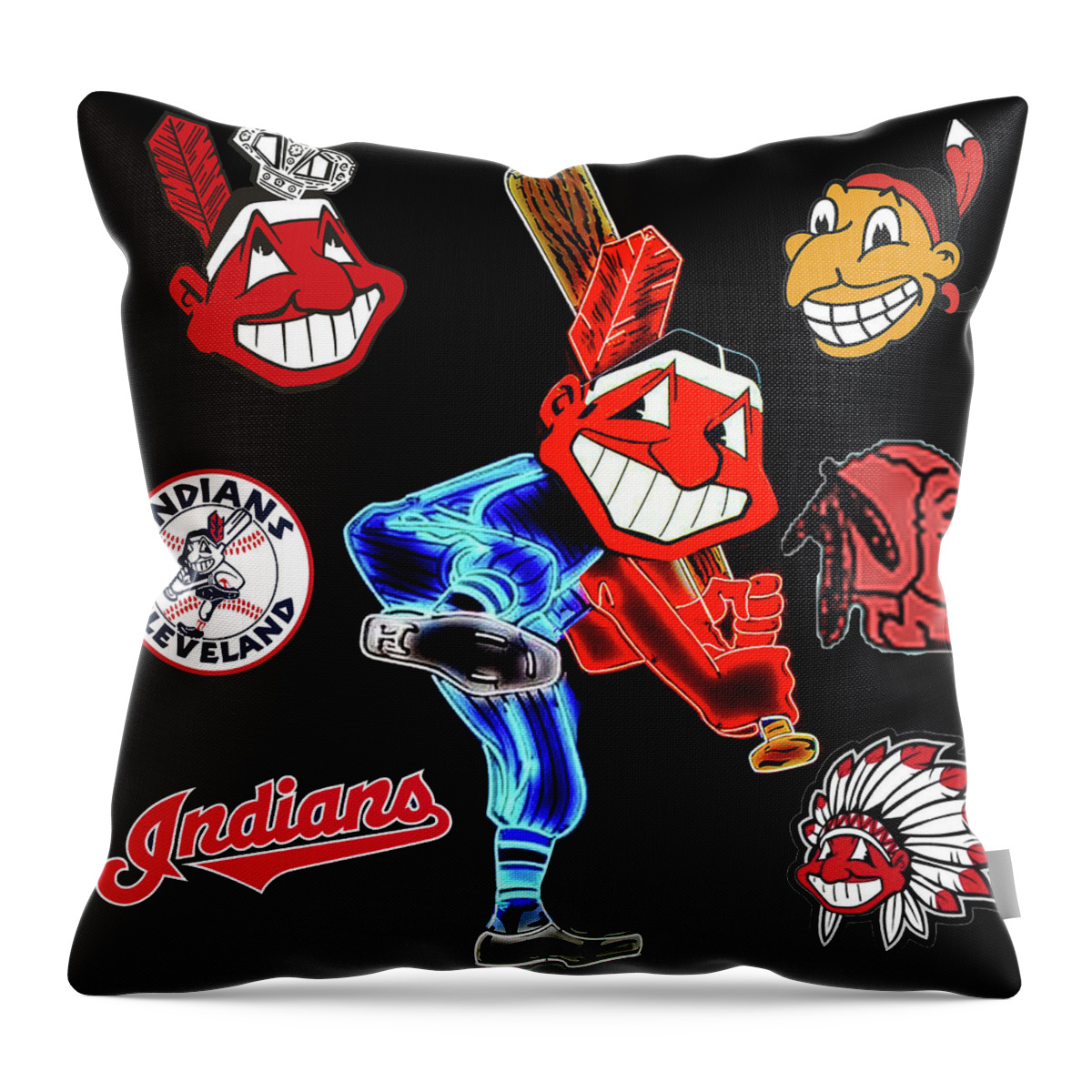 Chief Wahoo Throw Pillow featuring the mixed media Faces of the Cleveland Indians by Pheasant Run Gallery