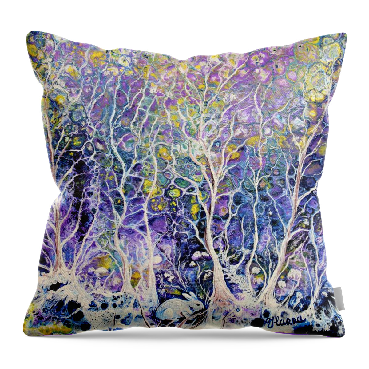 Wall Art Abstract Forest Gift For Her Home Décor Bunny White Forest White Bunny White Snow Acrylic Paint Painting On Canvas Wall Décor Gift Idea Pouring Art Pouring Technique Throw Pillow featuring the painting Fairy Forest by Tanya Harr