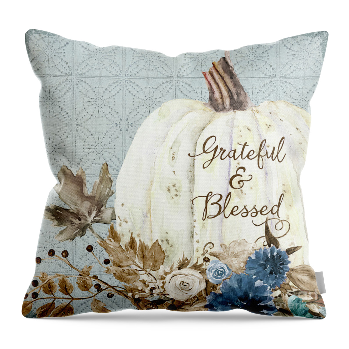 Fall Autumn Harvest Throw Pillow featuring the painting Fall Autumn White Pumpkin Grateful and Blessed Watercolor Dusty Blue Navy Brown by Audrey Jeanne Roberts