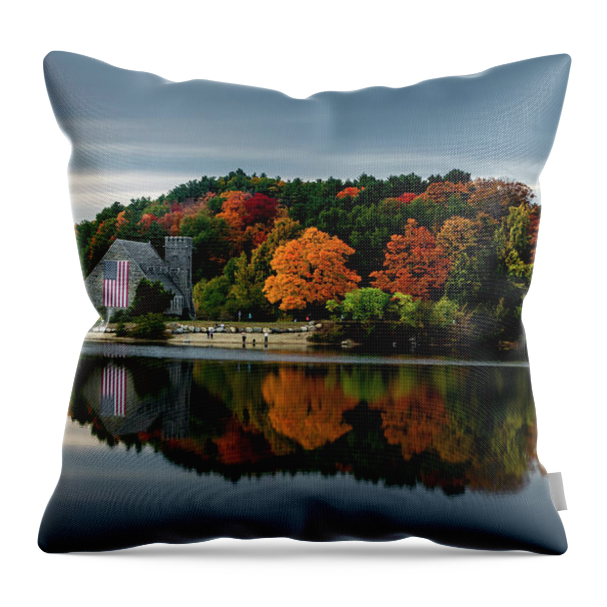 Autumn Throw Pillow featuring the photograph Fall colors and reflections at the Old Stone Church 2 by Dimitry Papkov