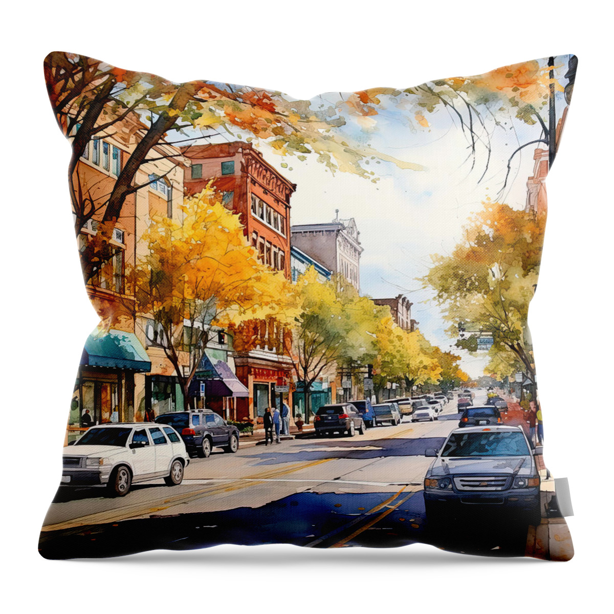 Hot Springs Arkansas Throw Pillow featuring the painting Fall Downtown Stores by Lourry Legarde
