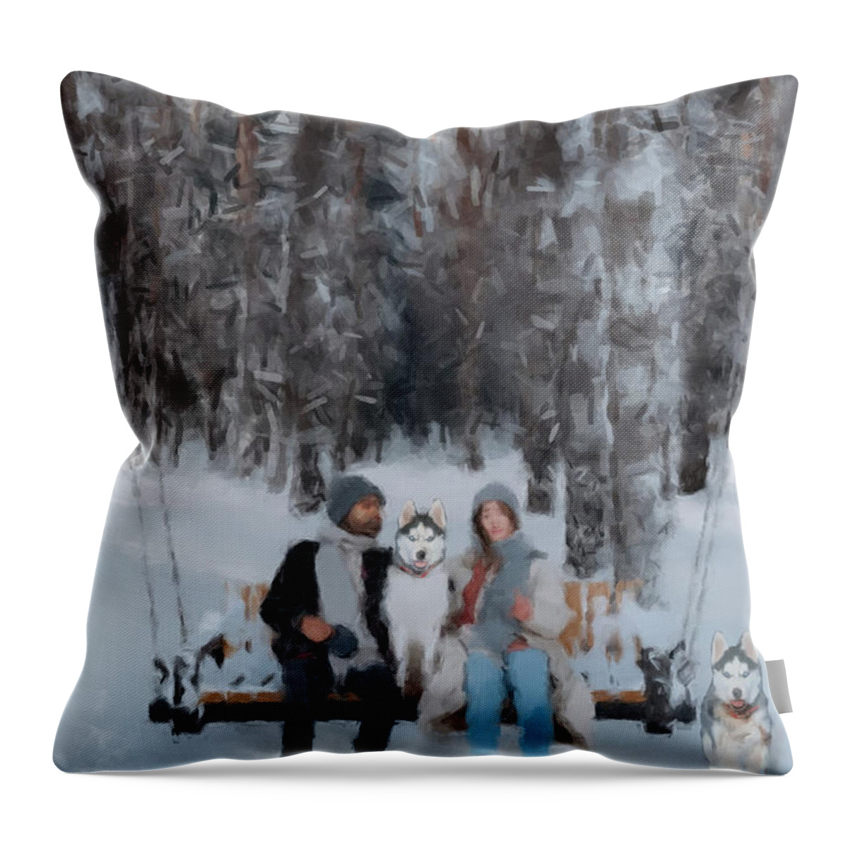 Family On Winter Swing Throw Pillow featuring the painting Famiy on Winter Swing by Gary Arnold