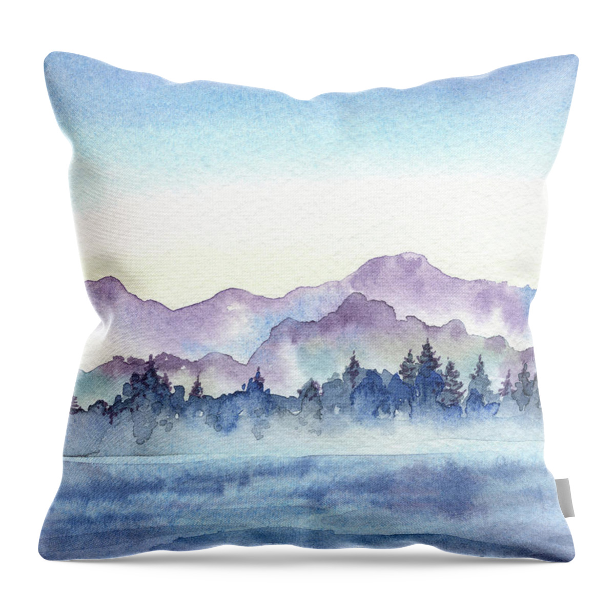 Pine Forest Throw Pillow featuring the painting Far Pine Trees Forest Foggy River Hills Watercolor by Irina Sztukowski