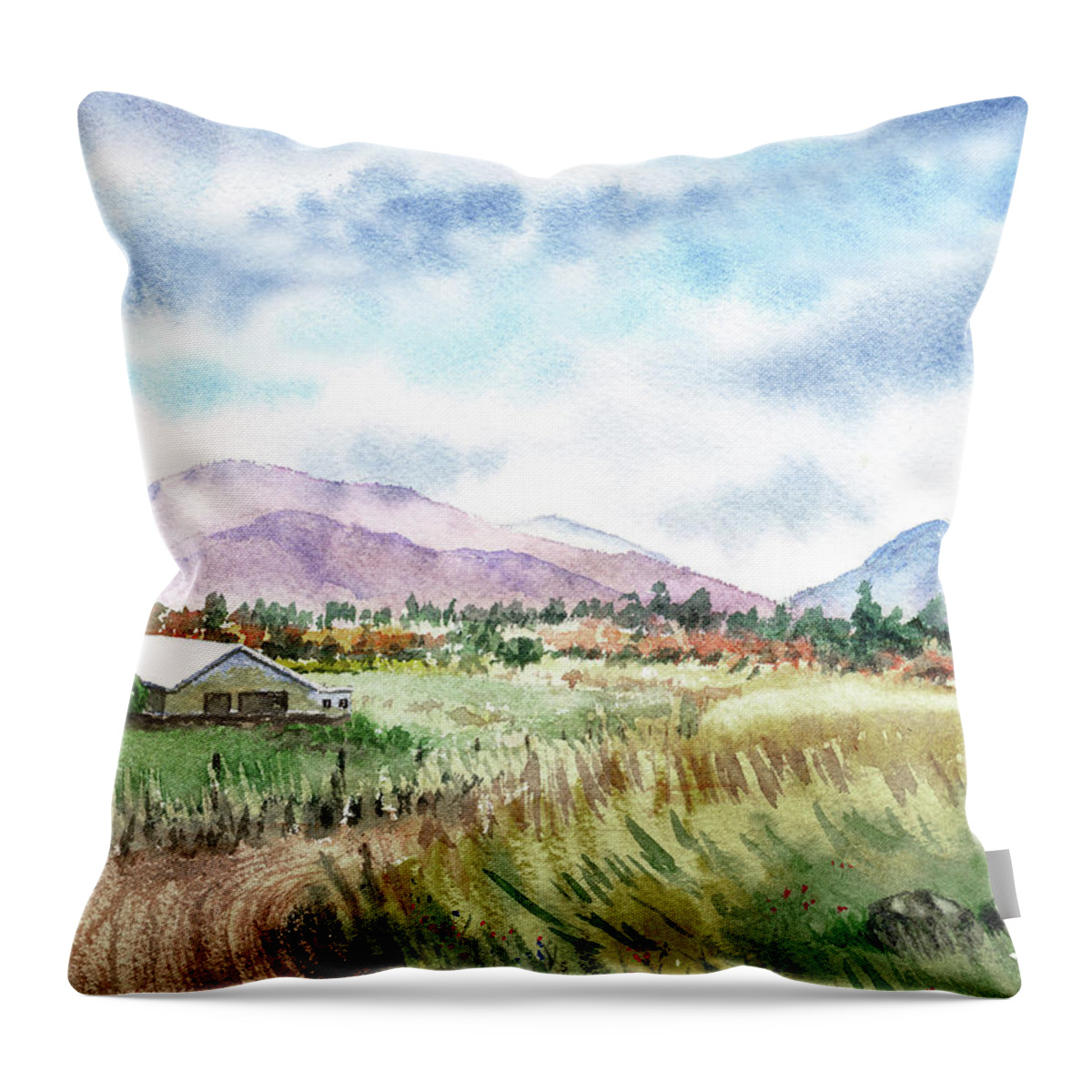 Barn Throw Pillow featuring the painting Farm Barn Mountains Road In The Field Watercolor Impressionism by Irina Sztukowski