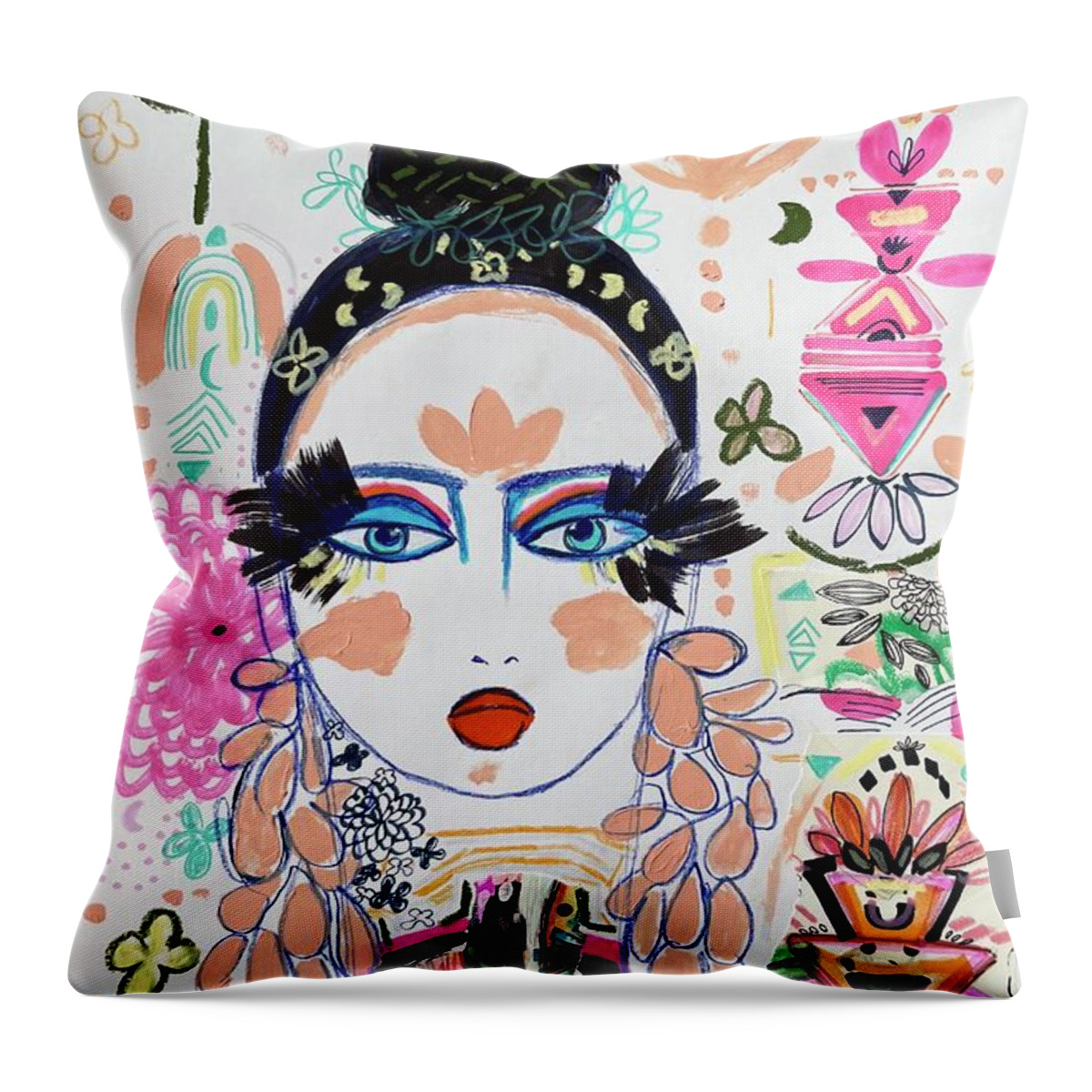 Abstract Face Art Throw Pillow featuring the mixed media Fashion Girl in Pink by Rosalina Bojadschijew