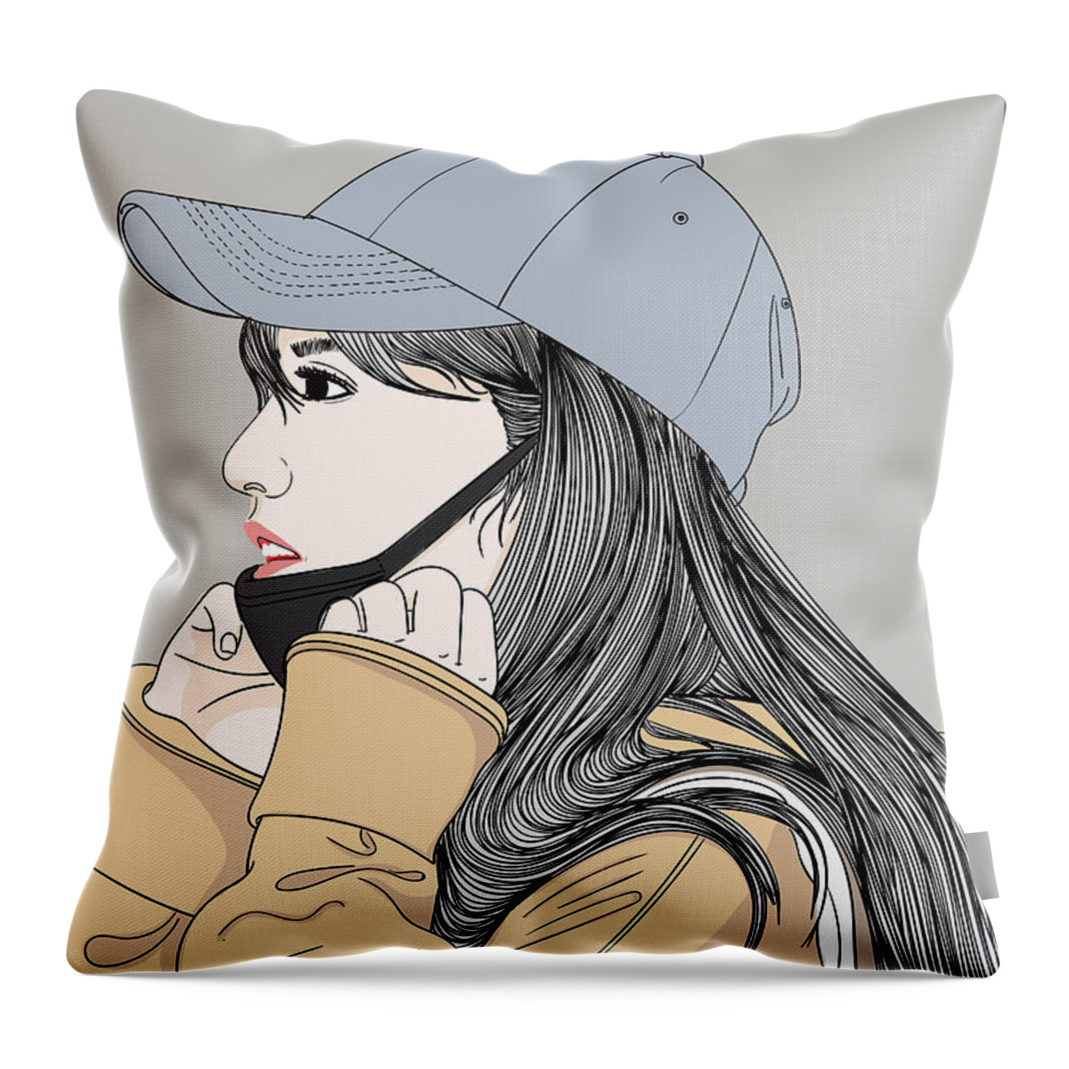 Graphic Throw Pillow featuring the digital art Fashion Girl Wearing A Face Mask - Line Art Graphic Illustration Artwork by Sambel Pedes