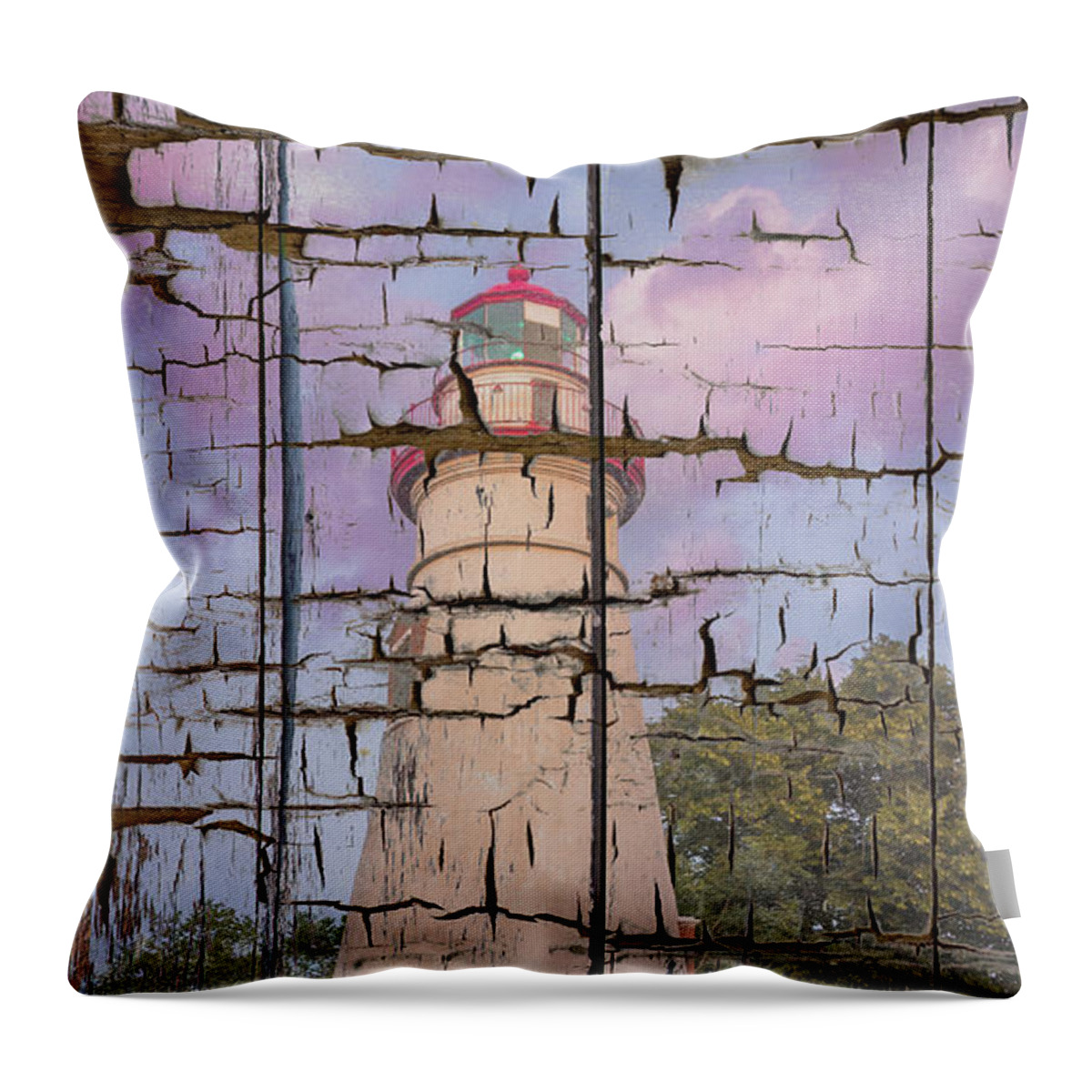 Lighthouse Throw Pillow featuring the photograph Faux Wood Texture Marblehead Lighthouse at Sunset Coastal Landscape Photo by PIPA Fine Art - Simply Solid