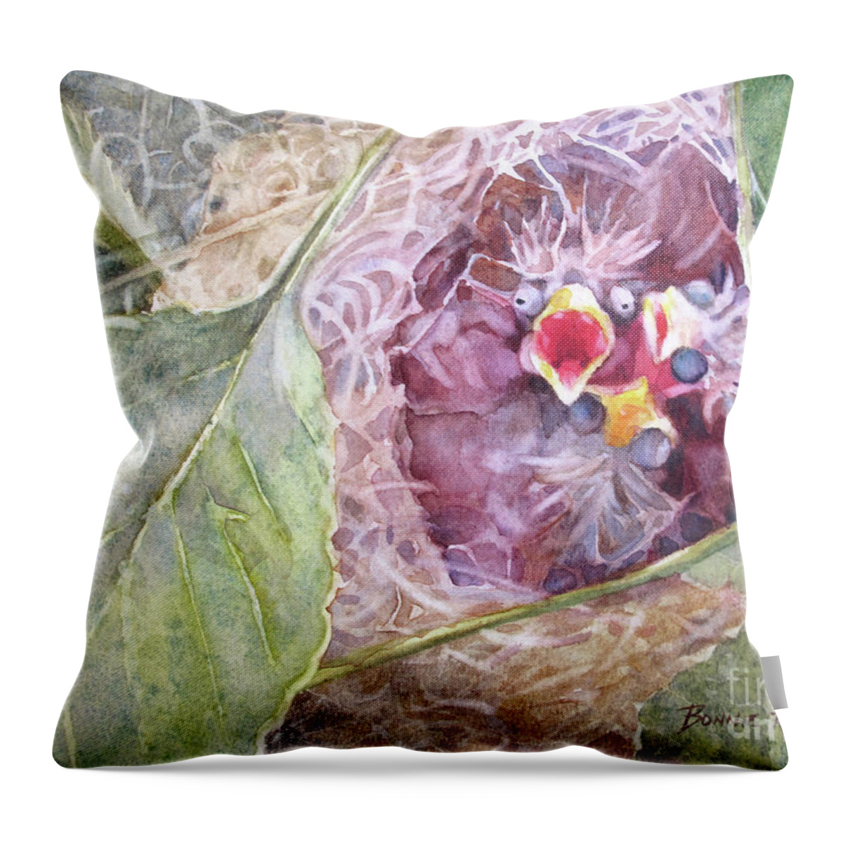 Baby Birds Throw Pillow featuring the painting Feed Me First by Bonnie Rinier