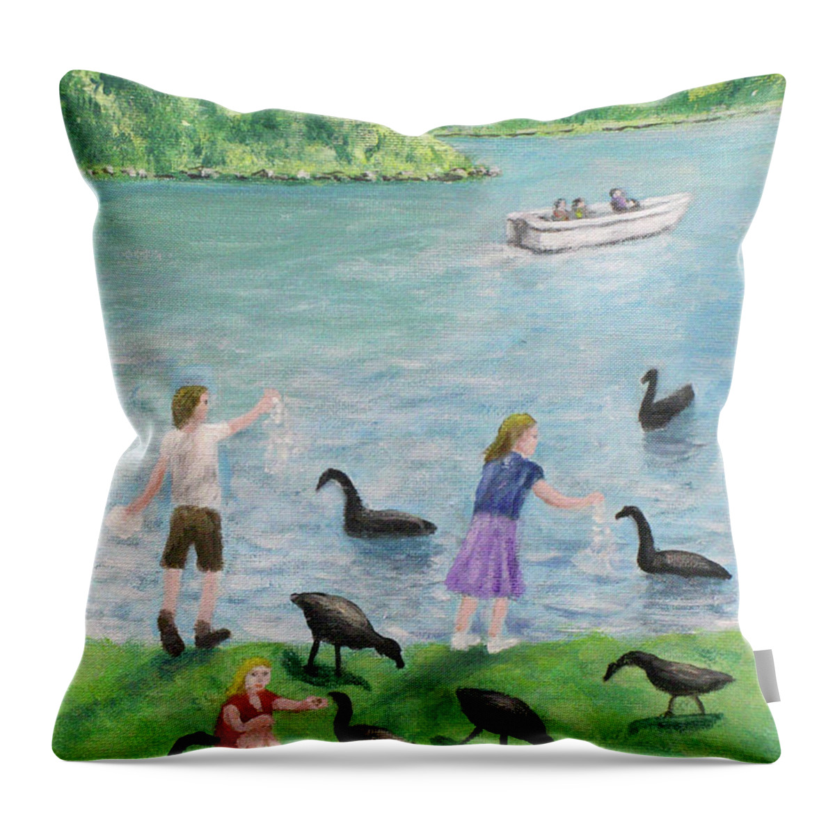  Throw Pillow featuring the painting Feeding the Ducks Fairhaven Lake Lytham St Annes by Ronald Haber
