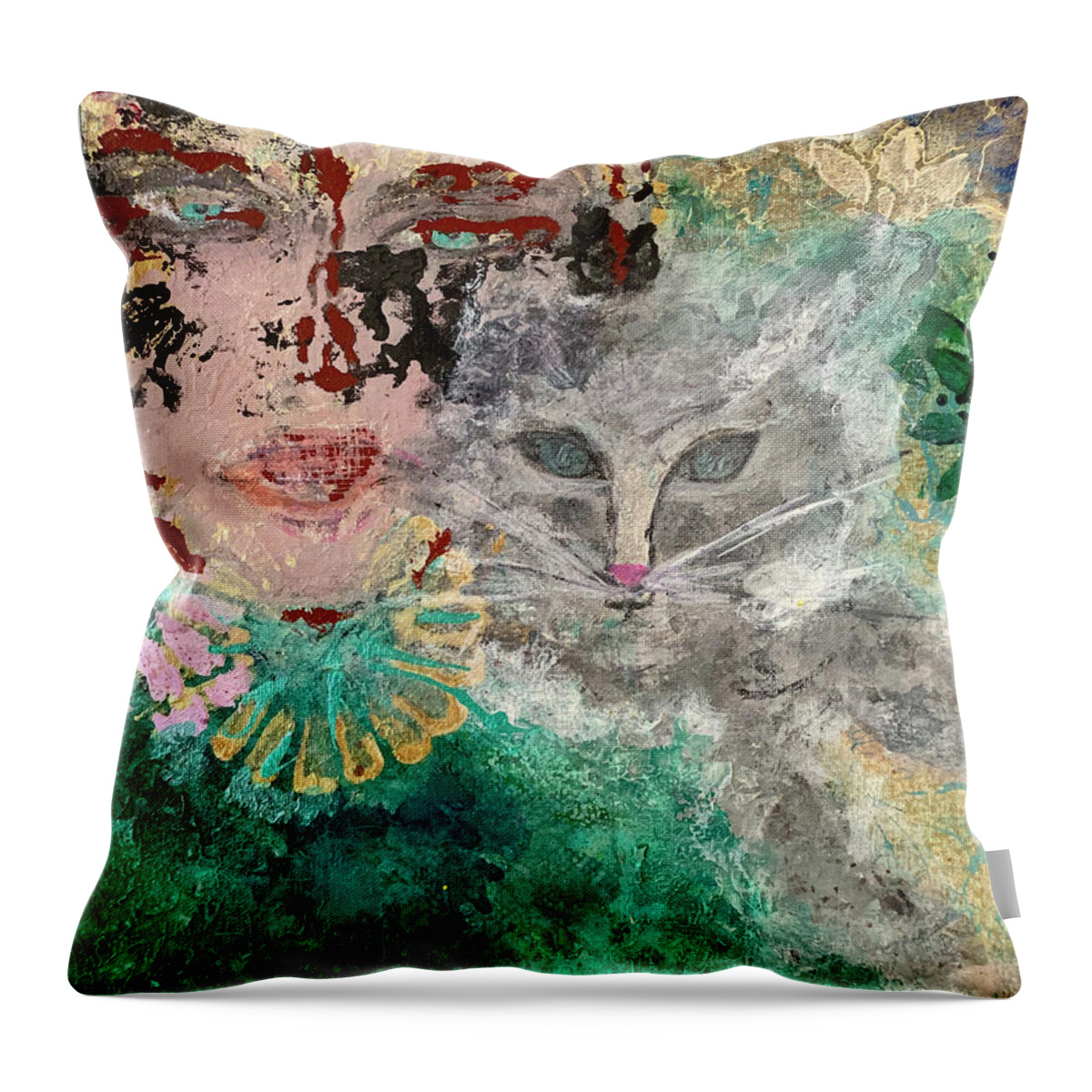 Girl Throw Pillow featuring the painting Feline Friend by Leslie Porter