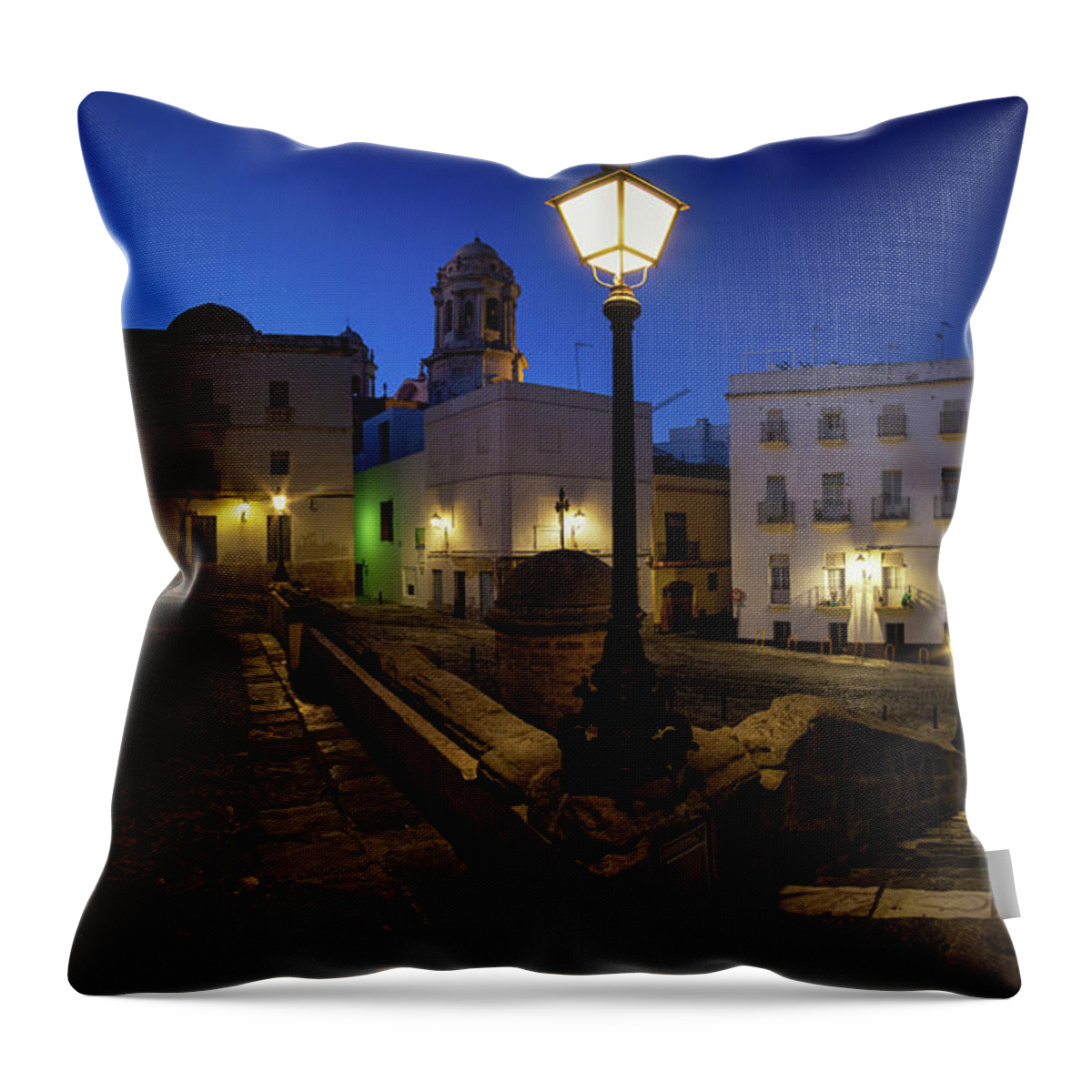 Night Throw Pillow featuring the photograph Felix Friar Square Old Cathedral Cadiz Andalusia by Pablo Avanzini