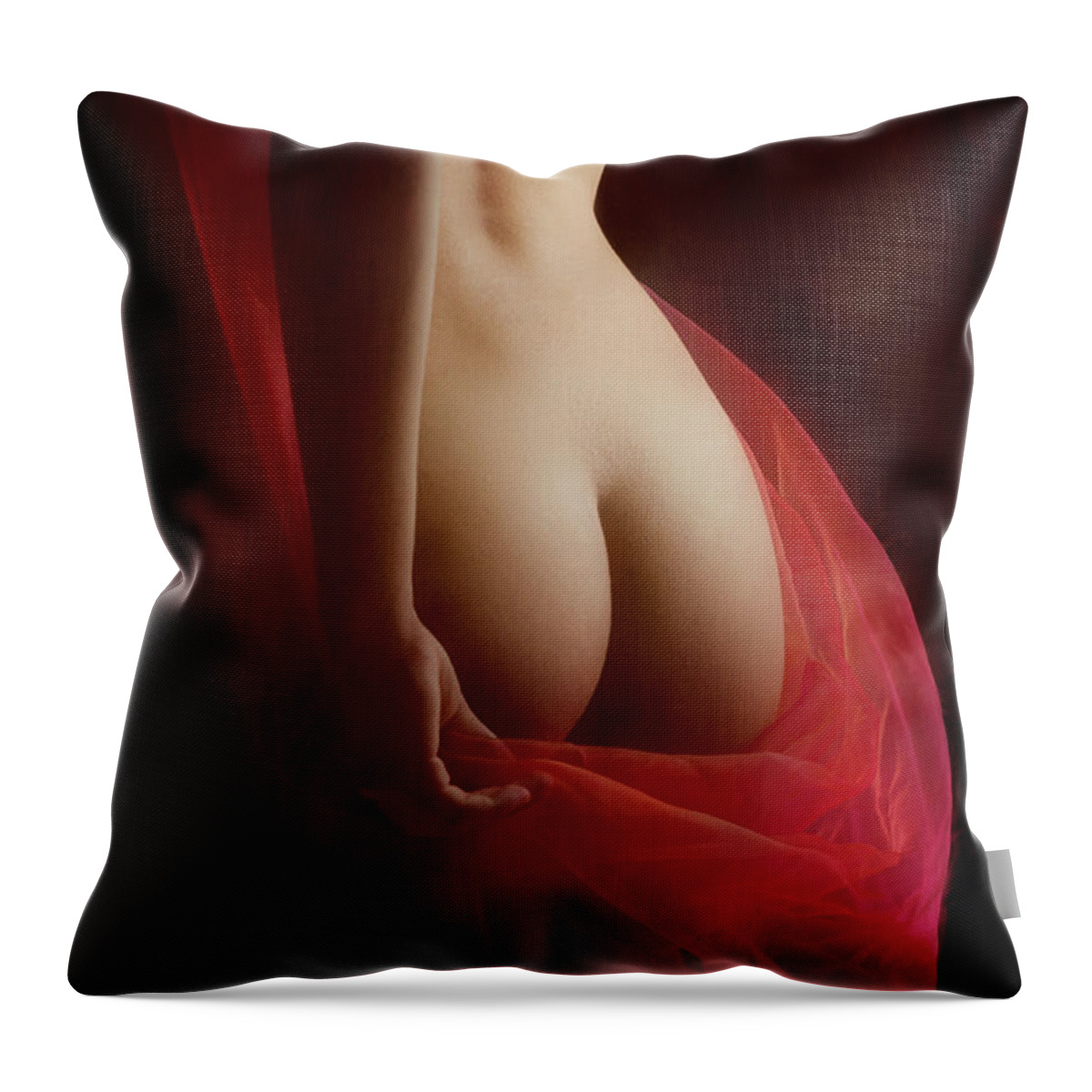Woman Throw Pillow featuring the photograph Female nude from behind with red tulle fabric by Jelena Jovanovic