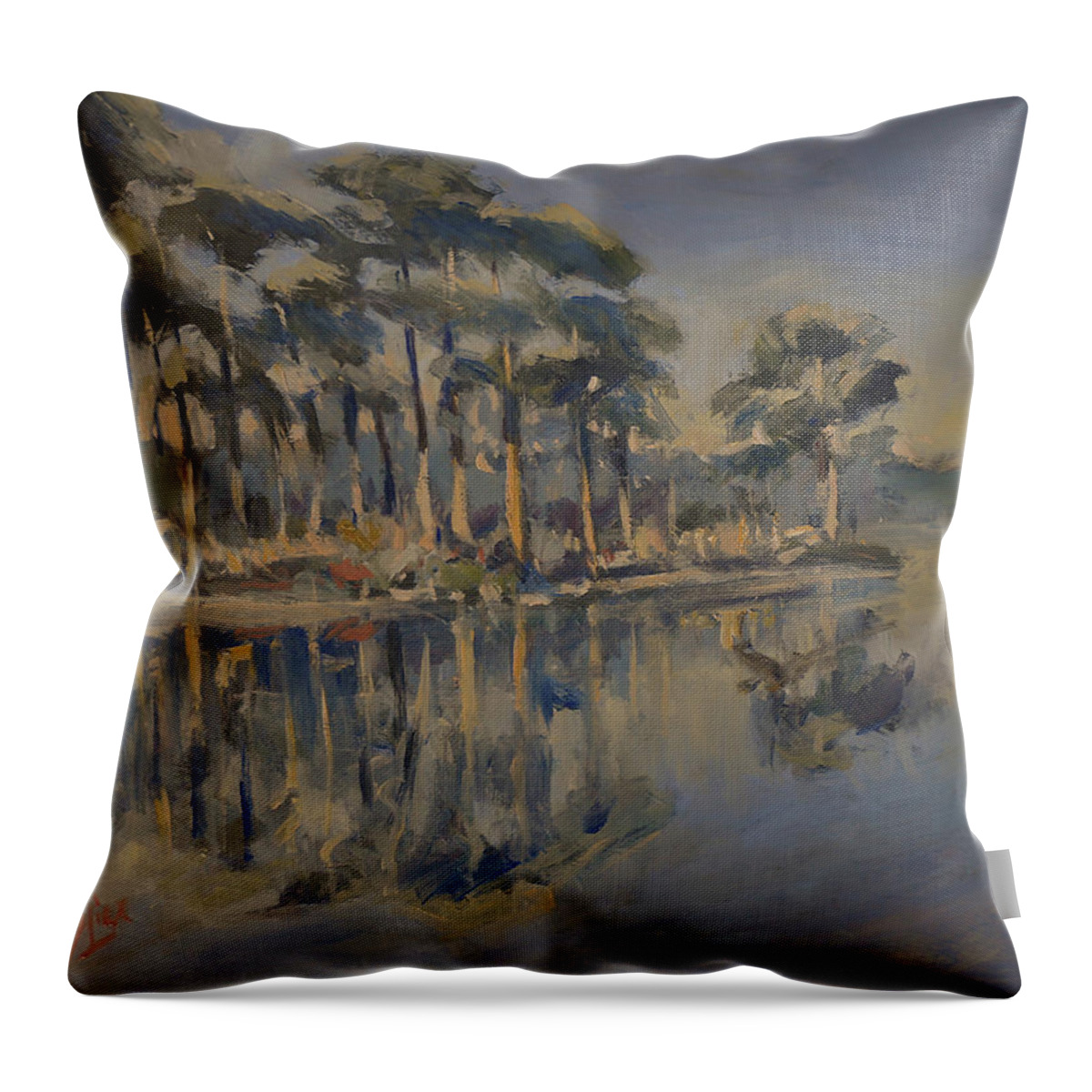 Fen Throw Pillow featuring the painting Fen with pine trees by Nop Briex