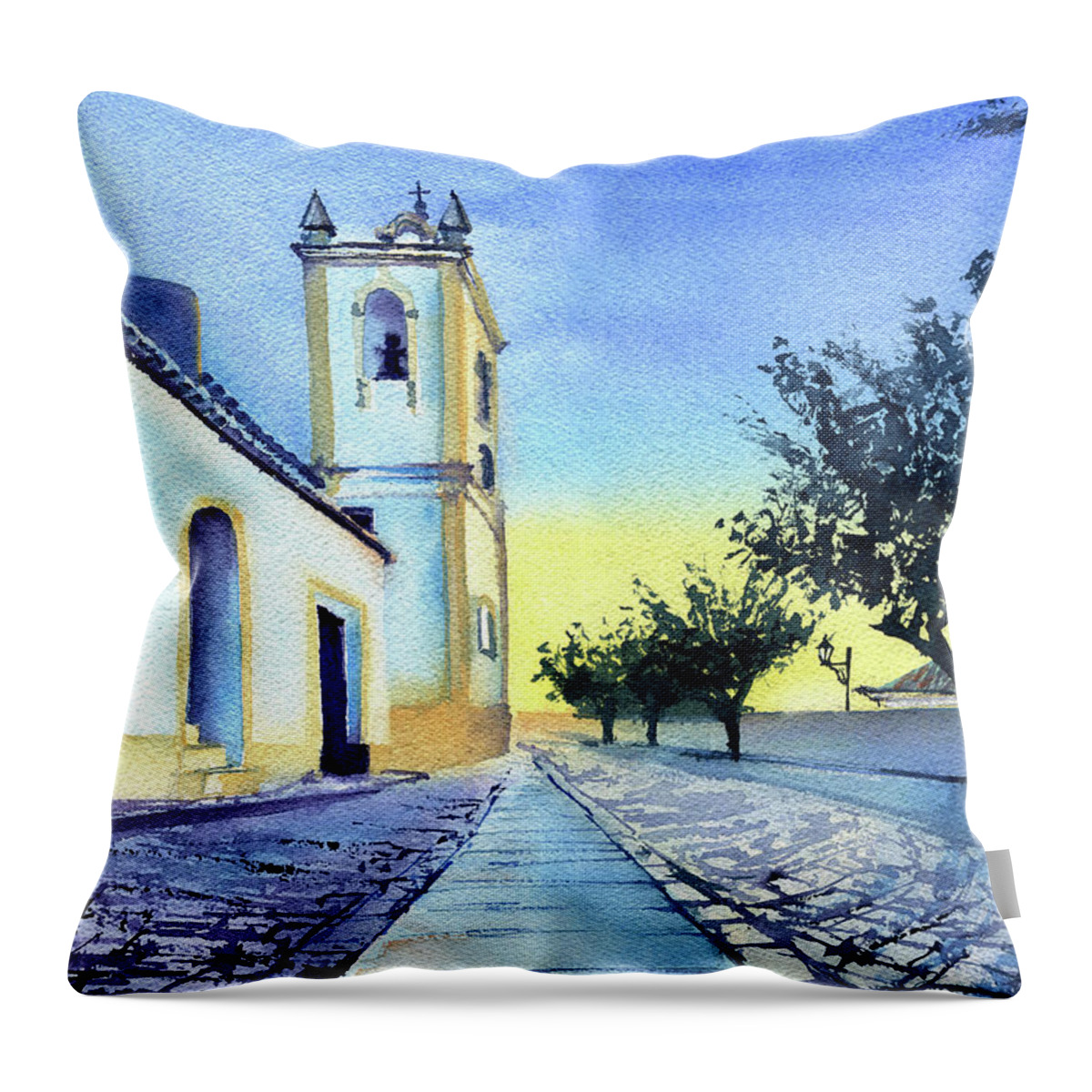 Portugal Throw Pillow featuring the painting Ferragudo Church Algarve Portugal by Dora Hathazi Mendes