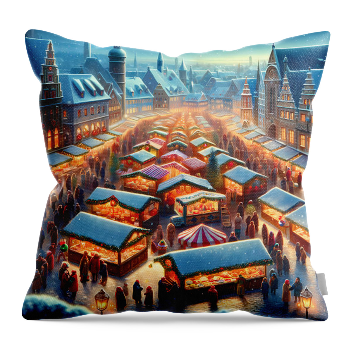 Christmas Throw Pillow featuring the digital art Festive Christmas Market, A bustling Christmas market in a snowy European town by Jeff Creation