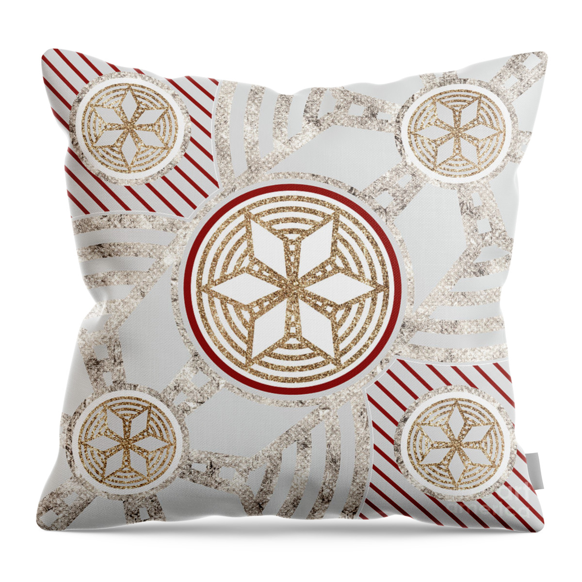 Abstract Throw Pillow featuring the mixed media Festive Sparkly Geometric Glyph Art in Red Silver and Gold n.0062 by Holy Rock Design