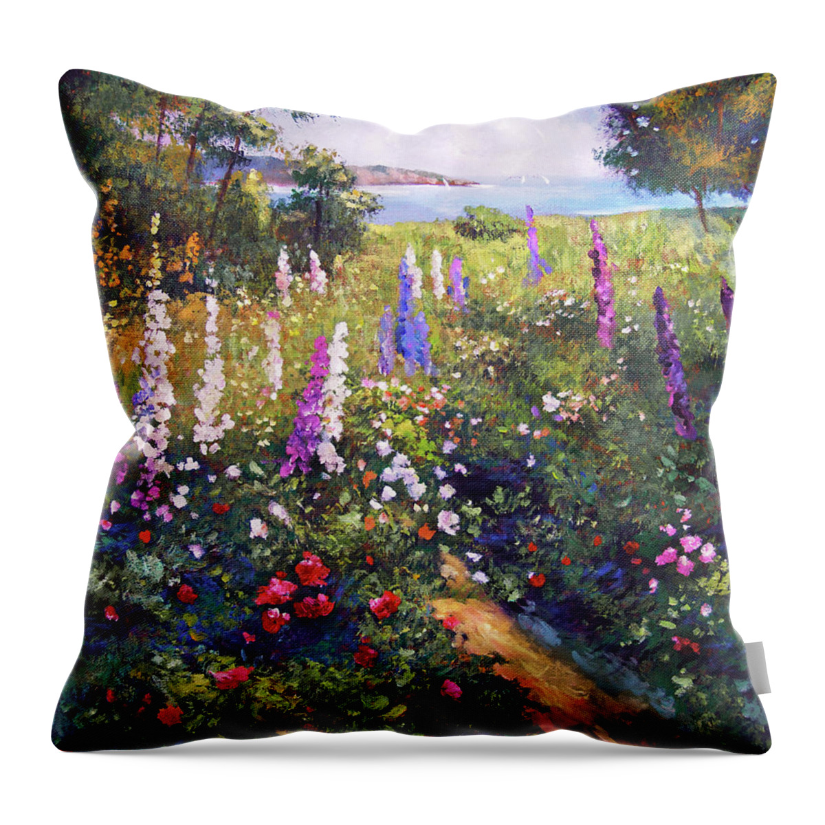 Landscape Throw Pillow featuring the painting Field Of Hollyhocks by David Lloyd Glover