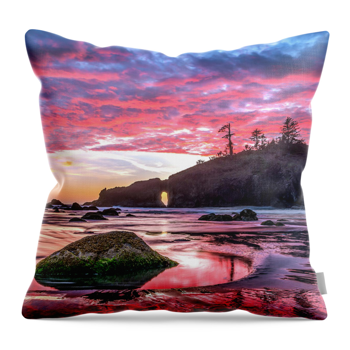 Sunset Throw Pillow featuring the photograph Fiery sky reflected in the water in OIympic National Park by Robert Miller