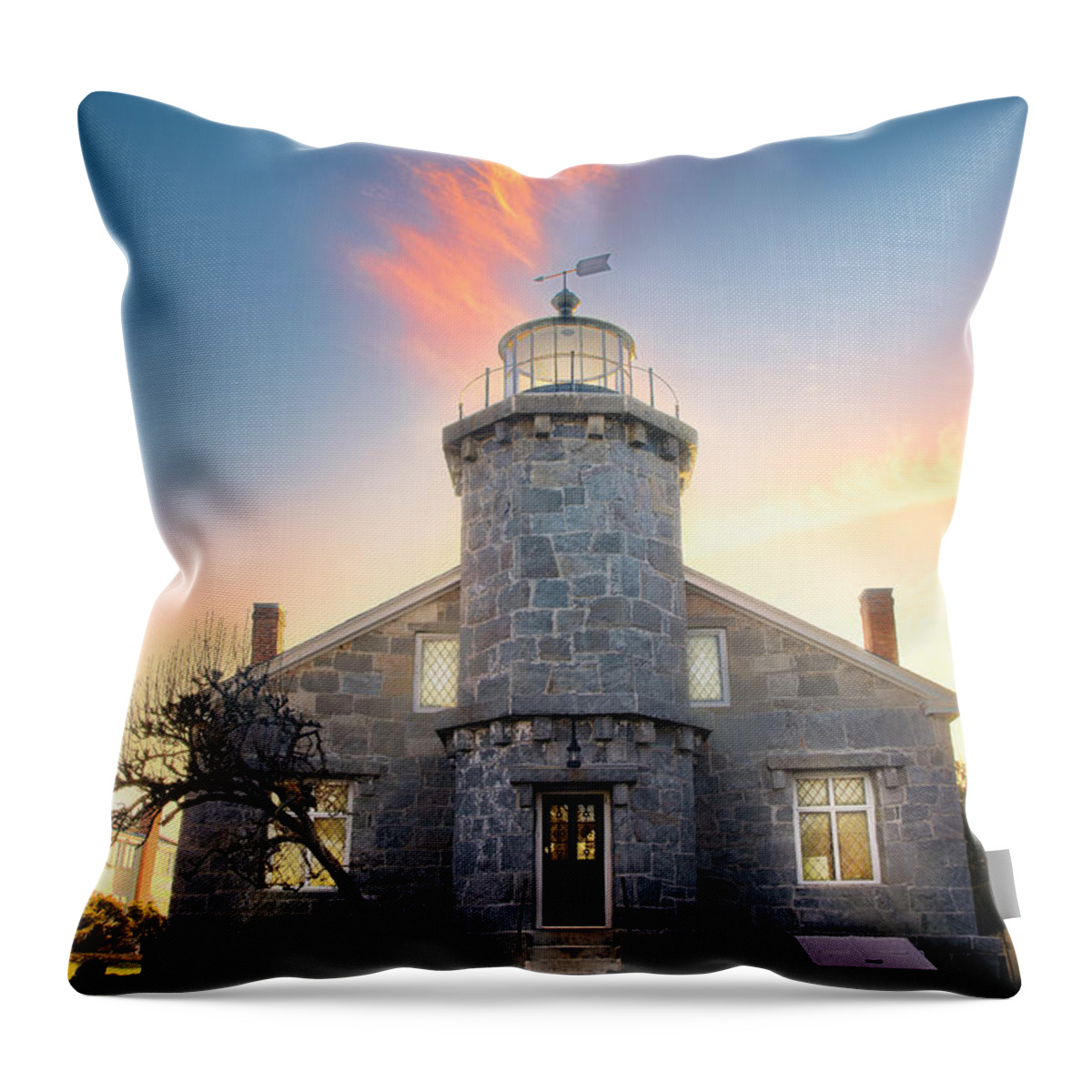 Stonington Lighthouse Museum Throw Pillow featuring the photograph fiery Stonington Lighthouse Museum sunrise by Jeff Maletski
