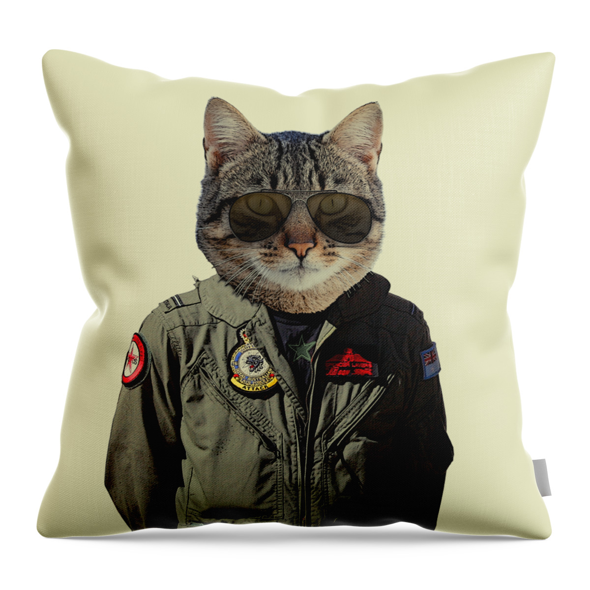 Cat Throw Pillow featuring the mixed media Fighter pilot cat by Madame Memento