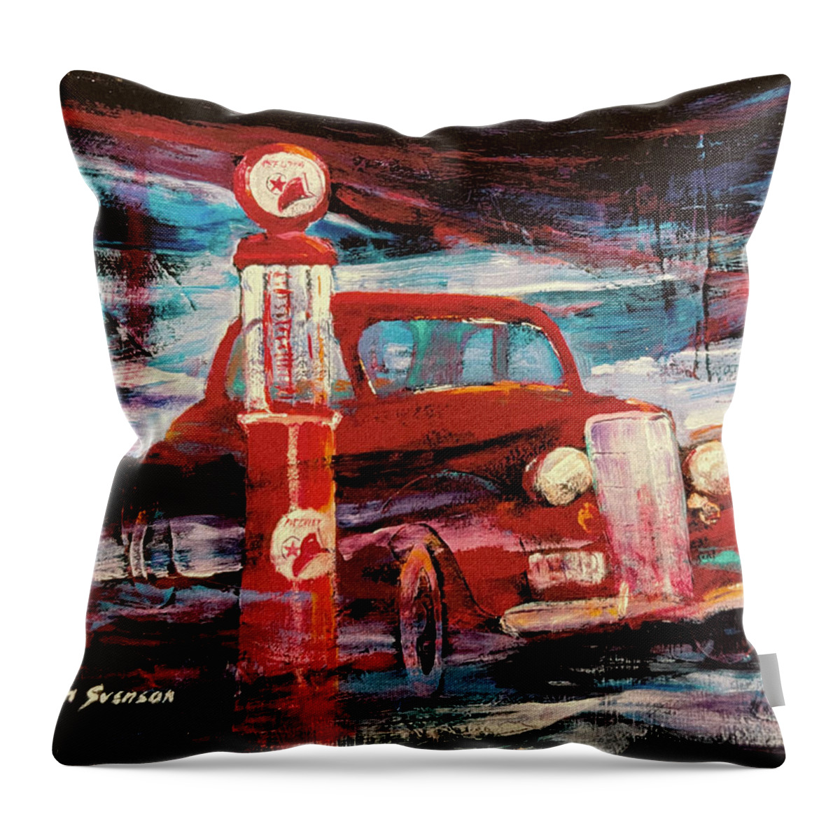 Gas Pumps Throw Pillow featuring the painting Fill er up 1935 by John Svenson