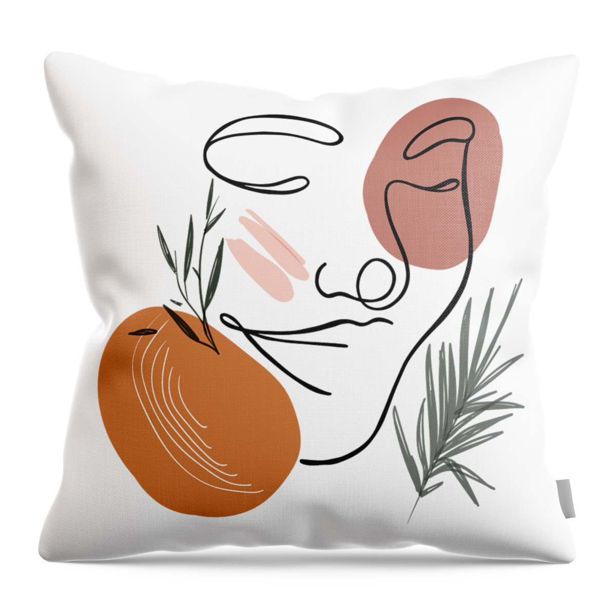 Abstract Shapes Throw Pillow featuring the drawing Fine line art drawing of beautiful smiling woman face happy girl portrait art tropical leaves print by Mounir Khalfouf
