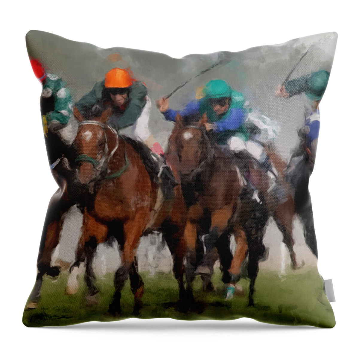 Horses Throw Pillow featuring the painting Finishline by Gary Arnold