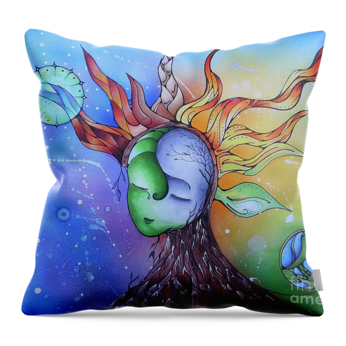 Abstract Throw Pillow featuring the drawing Fire Girl by Saffrel Kochon