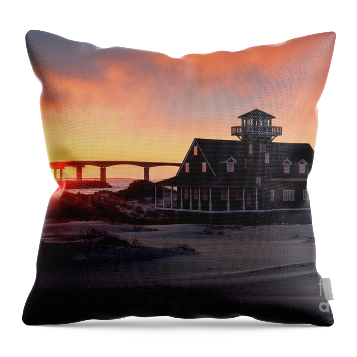 Sunset Over The Old Oregon Inlet Life Saving Station Along North Carolina's Outer Banks. Throw Pillow featuring the photograph Fire over the Inlet by Anthony Heflin