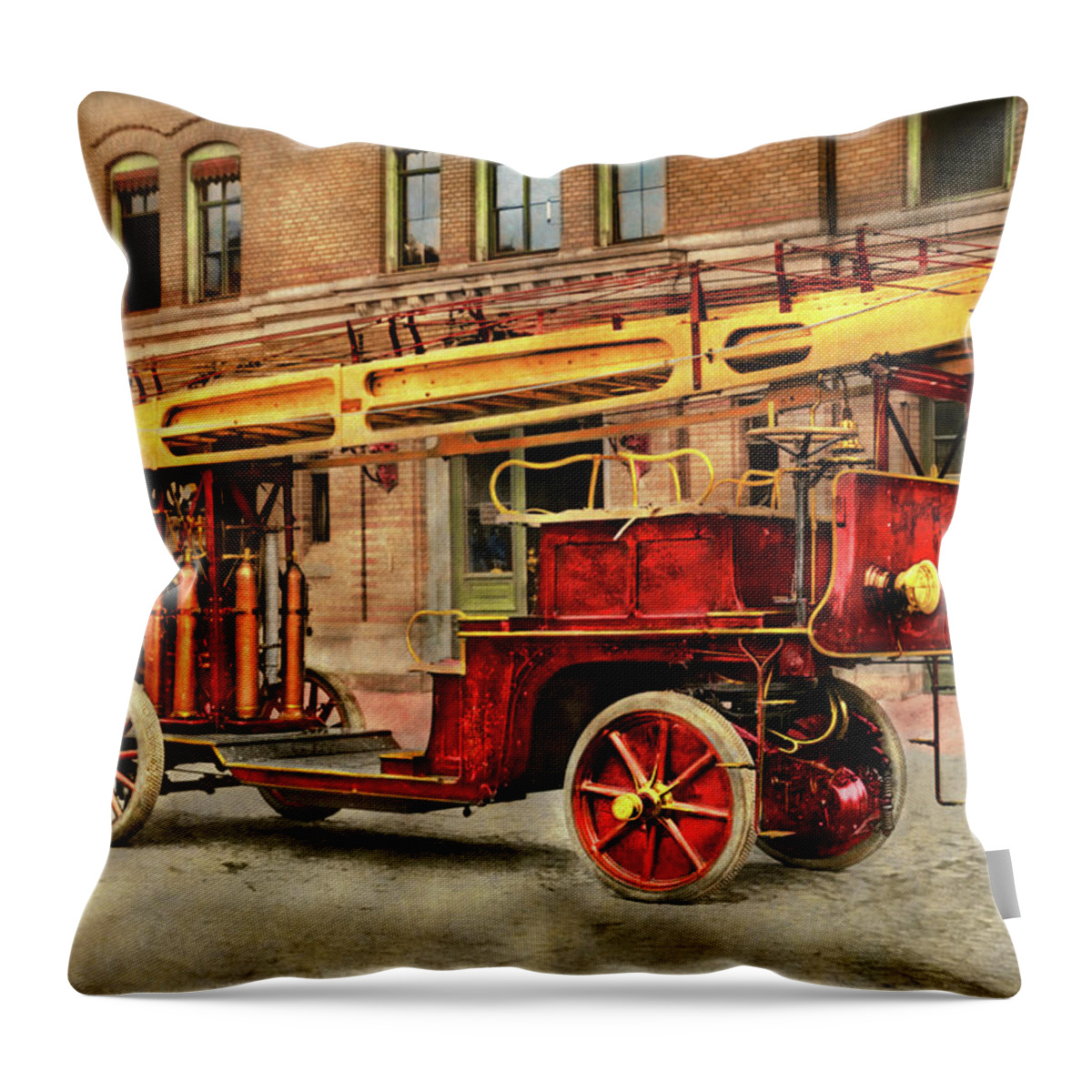 Fireman Art Throw Pillow featuring the photograph Fire Truck - An electric ladder truck 1907 by Mike Savad