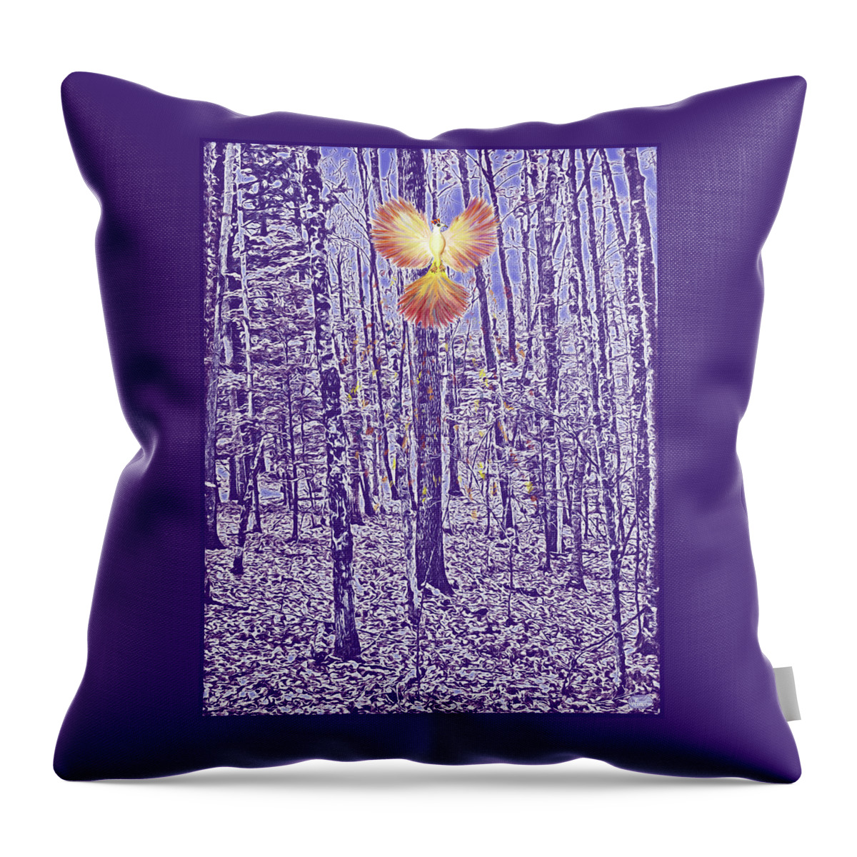 Firebird Throw Pillow featuring the mixed media Firebird in the Trees by Lise Winne