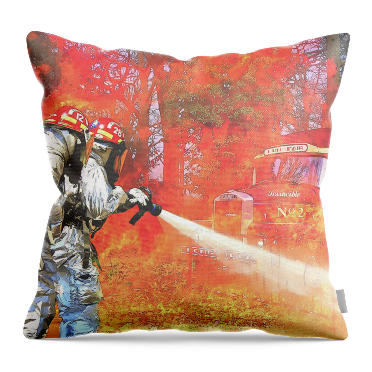 Fire Throw Pillow featuring the mixed media Firefighters Saving Burning Antique Fire Engine by Shelli Fitzpatrick