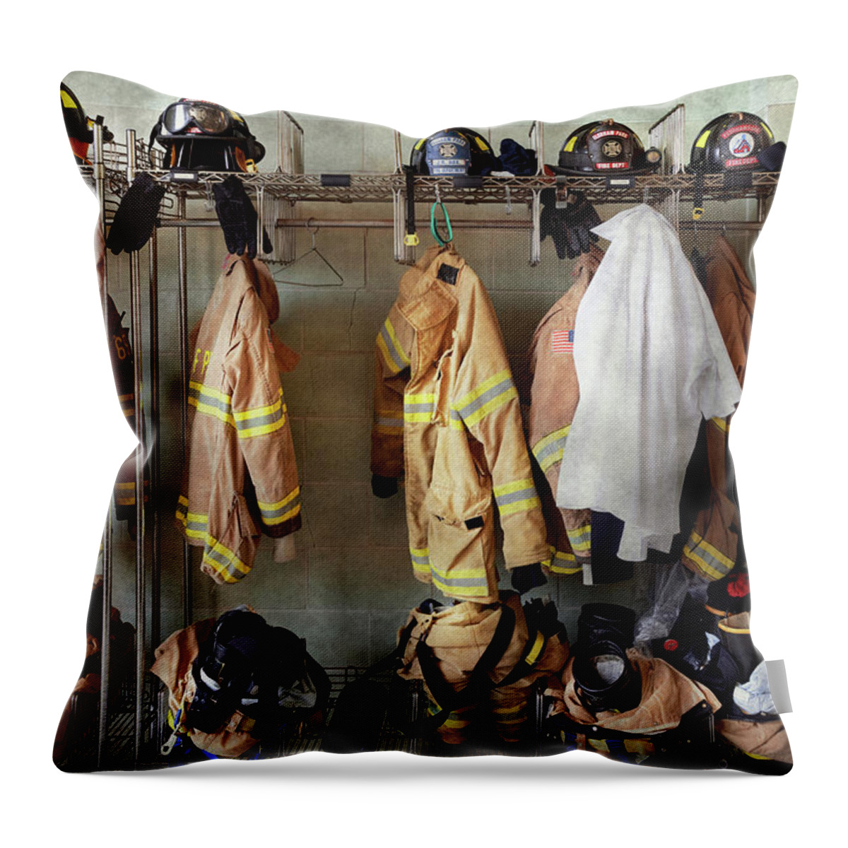 Fireman Art Throw Pillow featuring the photograph Firemen - Fire proof by Mike Savad