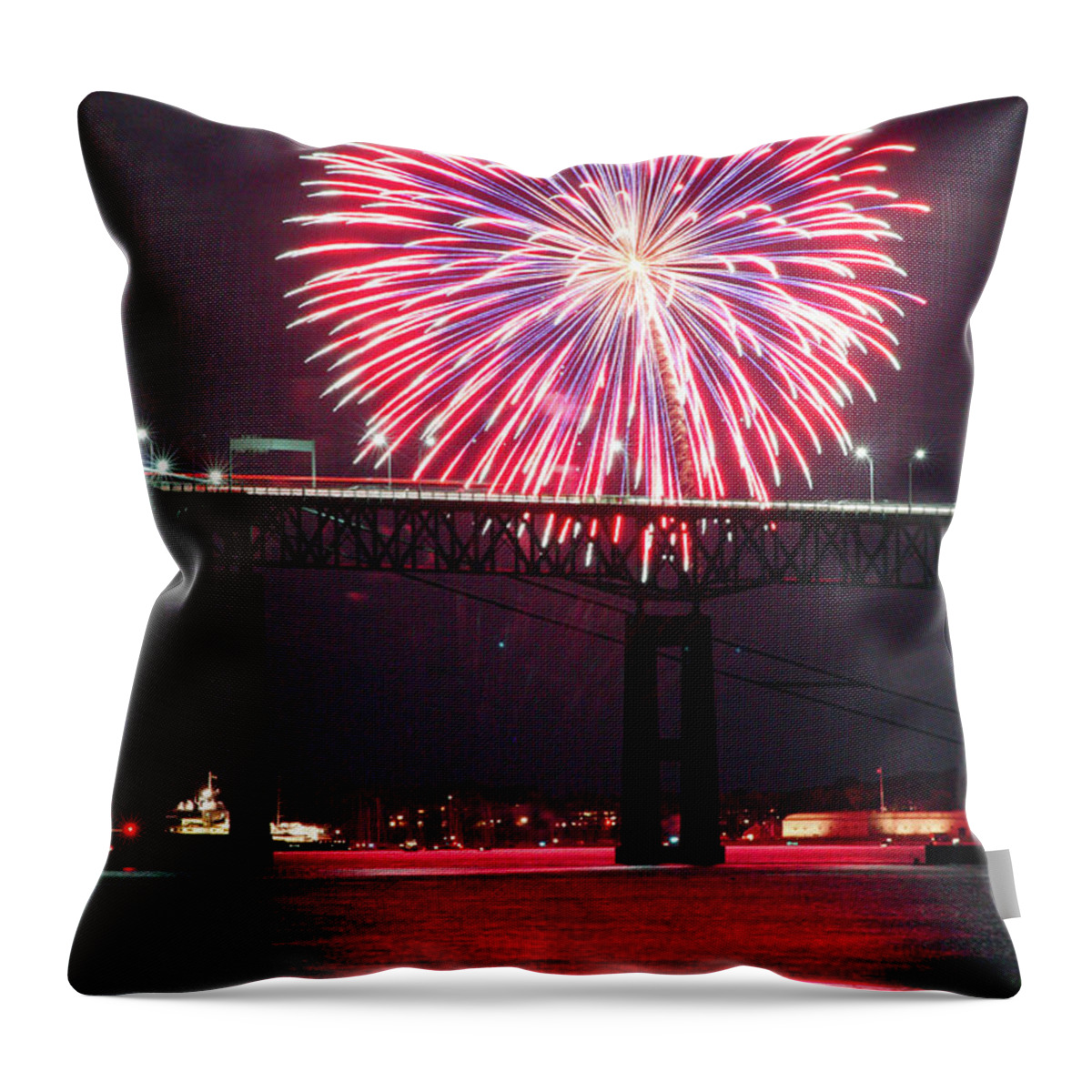 Fireworks Throw Pillow featuring the photograph Fireworks over the Newport Bridge by Jim Feldman