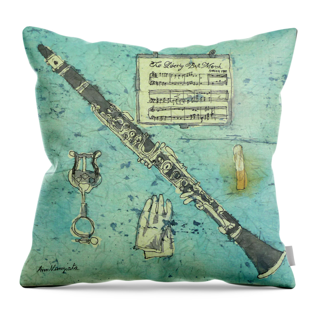 Music Throw Pillow featuring the painting First Clarinet by Ann Nunziata