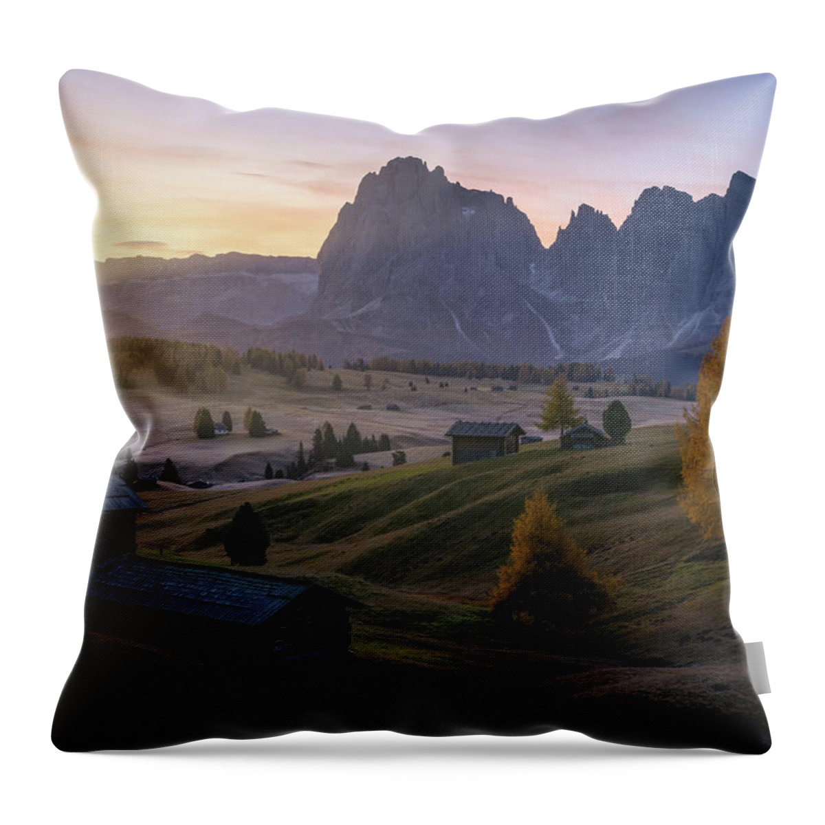 Landscape Throw Pillow featuring the photograph First Light at Alpe Suisi by Steve Berkley