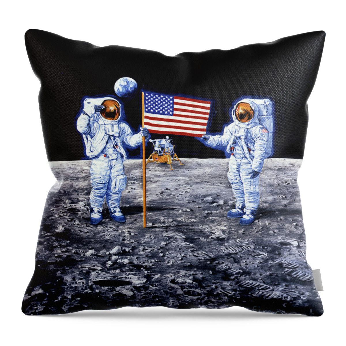 Paul And Chris Calle Throw Pillow featuring the painting First Men On The Moon by Paul and Chris Calle