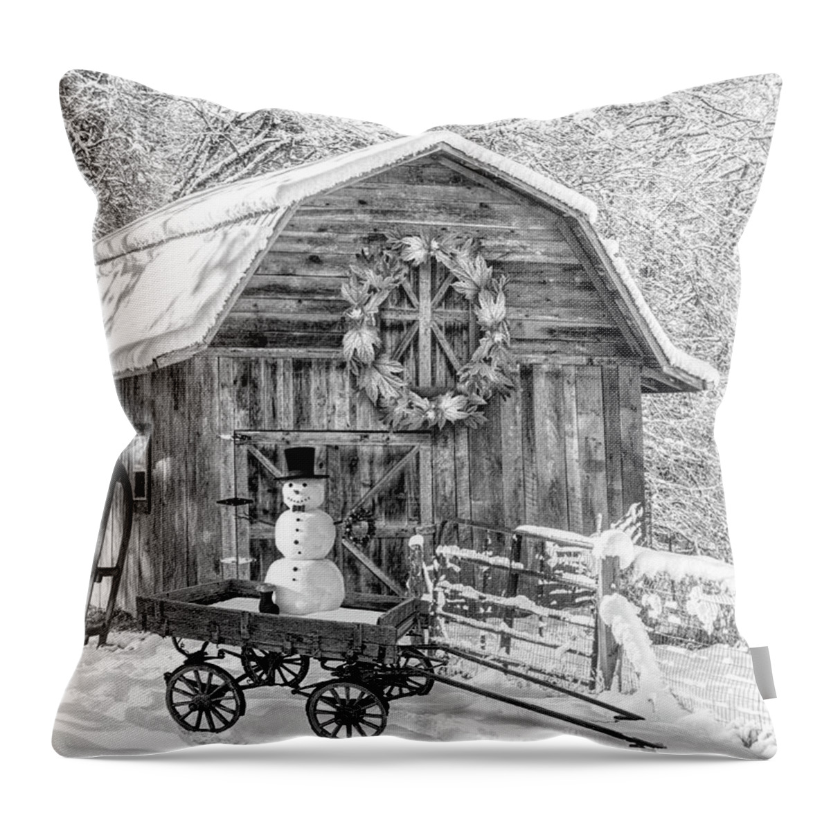 White Throw Pillow featuring the photograph First Snowman of the Season Black and White by Debra and Dave Vanderlaan