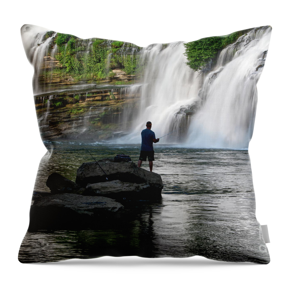 Rock Island State Park. Twin Falls Throw Pillow featuring the photograph Fishing At Twin Falls 2 by Phil Perkins