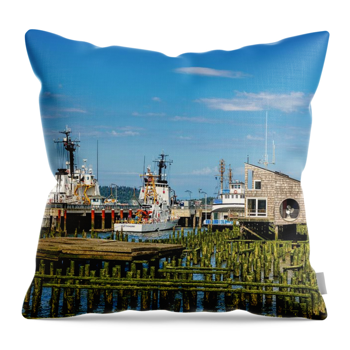 Columbia River Throw Pillow featuring the photograph Fishing Boats at a Columbia River Pier by Mountain Dreams