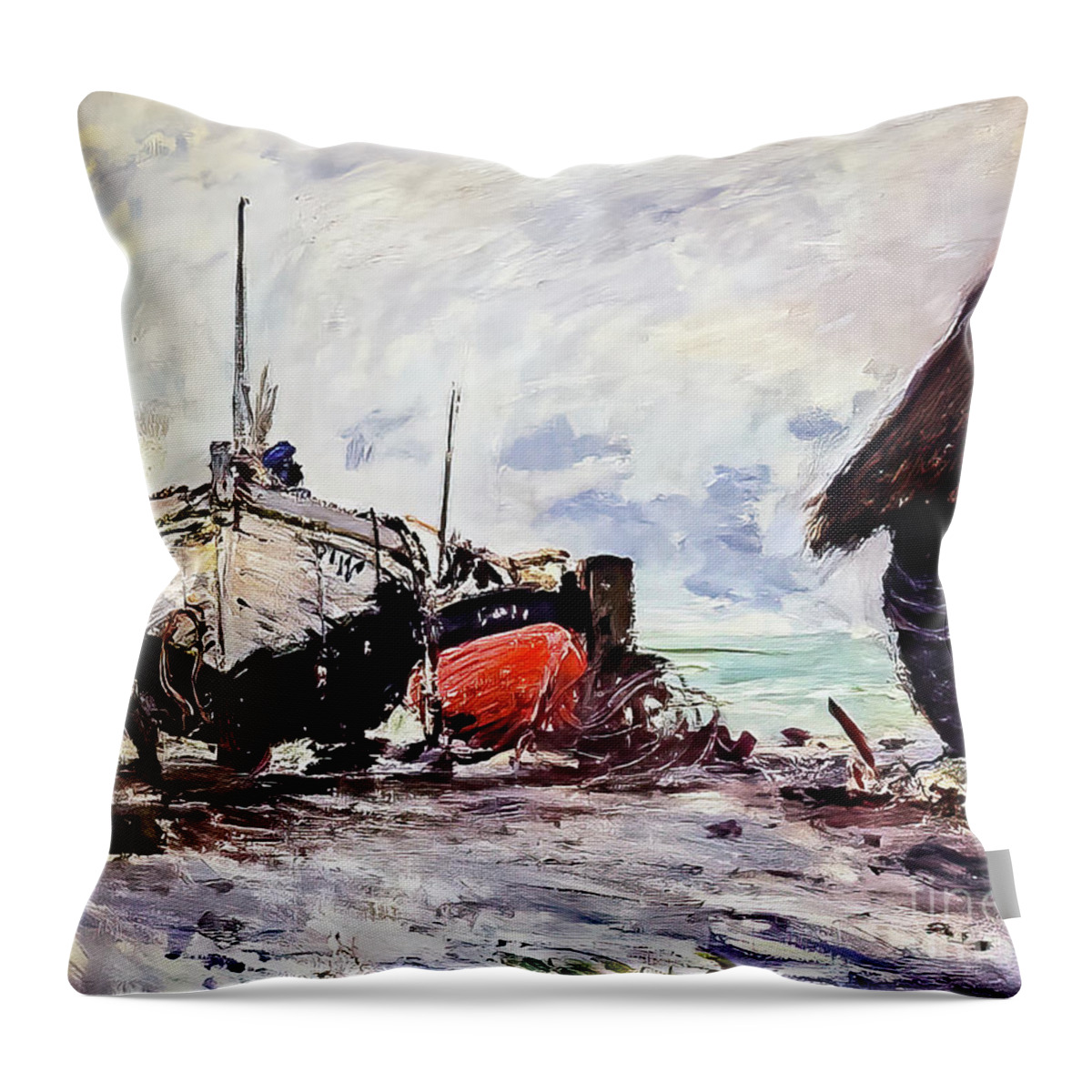 Fishing Throw Pillow featuring the painting Fishing Boats at Etretat by Claude Monet 1873 by Claude Monet