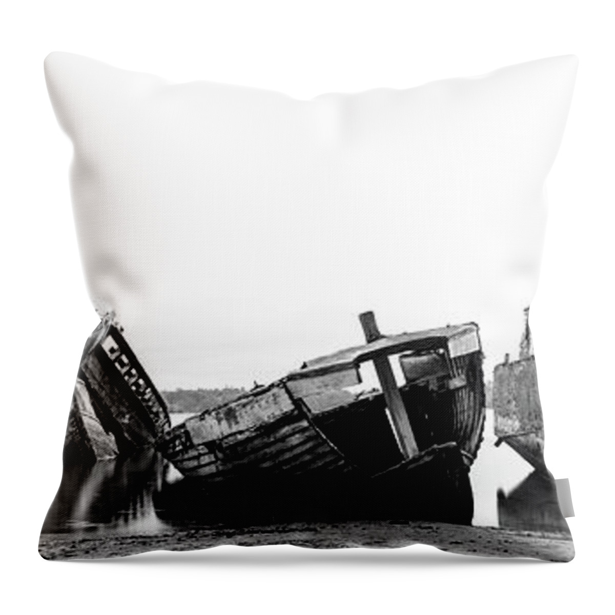 Panorama Throw Pillow featuring the photograph Fishing Boats Shipwrecks Black and white by Sonny Ryse