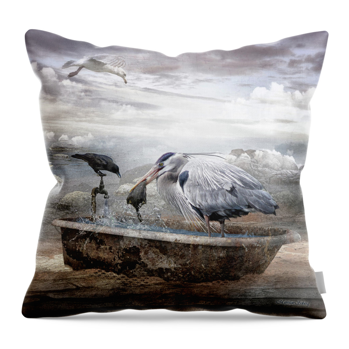 Bird Throw Pillow featuring the digital art Fishing Hole by Merrilee Soberg