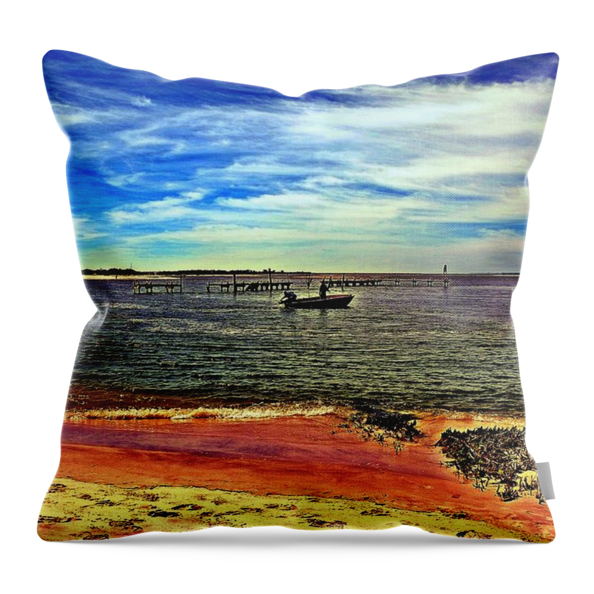 Abstract Throw Pillow featuring the mixed media Fishing in early Morning Light by Stacie Siemsen